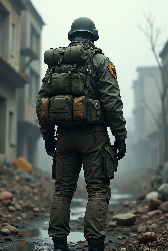 video game character, war game with backpack on back seen from behind
