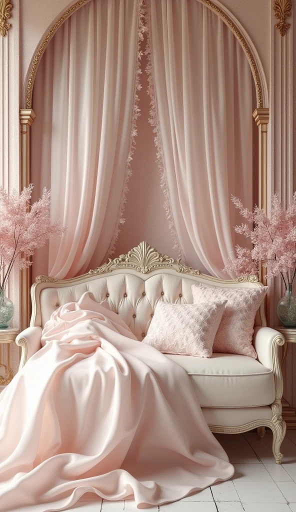 A hyper-realistic photo of a light pink and beige elegant templates design with a touch of sophistication to combine Victorian charm with Shabby Chic style, decorated with elegant sheer chiffon, antiques, baroque and gem stones, UHD, 8K resolution, masterpiece, high detailed. Ultra-realistic.