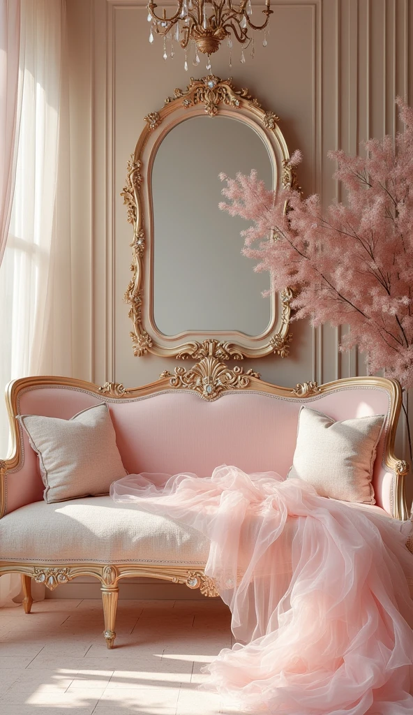 A hyper-realistic photo of a light pink and beige elegant templates design with a touch of sophistication to combine Victorian charm with Shabby Chic style, decorated with elegant sheer chiffon, antiques, baroque and gem stones, UHD, 8K resolution, masterpiece, high detailed. Ultra-realistic.