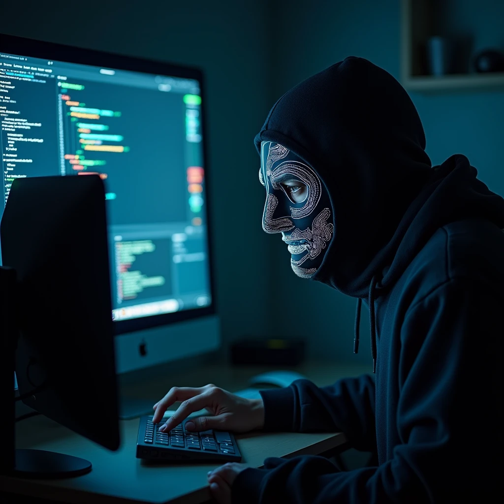 keep the face of the image and remake it into the face of a hacker with a computer