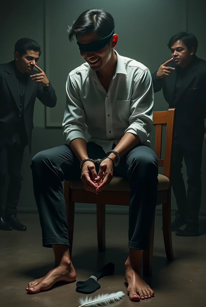 Handsome malay Zarul 22years lawyer
1 man Rub his feet
He laugh
Focus 5toefeet
Shoeless
Hand Handcuff wooden chair
blindfolded
feather on floor
Pair of Blacksock on floor
2 mafia pinch their nose