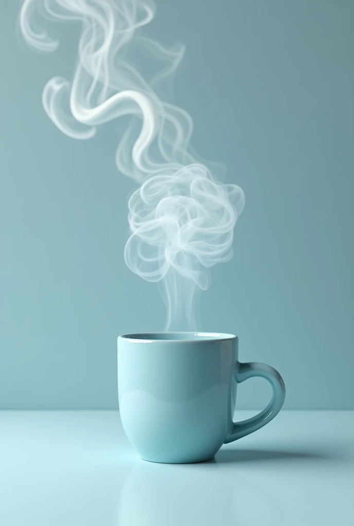 create a baby blue mug with smoke coming out, and the smoke in the shape of the psychology symbol, put the symbol of a brain