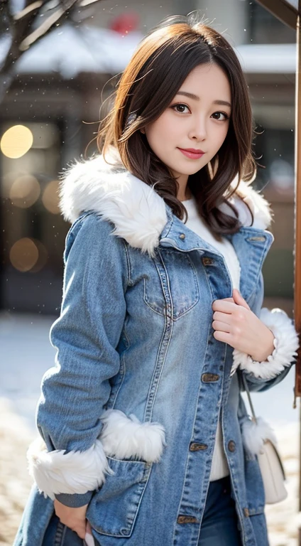 Age 25, One Woman, perfectionなボディ, Very delicate and beautifully detailed face, Beautiful attention to detail, short hair, Green Eyes, Brown Hair, perfectionな顔, Brown Hair, Good hairstyle, (perfectionな手, Five Fingers), perfectionな比率, ((Detailed face)), smile, Expressive eyes, (Very detailed:1.3), Beautiful sparkle, Very detailed, (Arabian Court Open, Arabian Fashion, fur arabian coat, jeans, White shirt, Modern Style, Arabian winter clothing), (((Blue fur arabian coat, Blue fur arabian coat衣装, 青いfur arabian coatを着て:1.3, Blue Arabian winter coat))), (Detailed costume, Detailed clothing), (Dynamic pose:1.0), Focus Only, Centered, Scale to fit dimensions, Rule of thirds, Twilight, Holiday Village Background, Winters, 背景に吹snow, (Pine Forest), Detailed Background:1.25, snowに覆われた, snowがたくさん, snow, snowの森の背景, (((キラキラ輝くsnowの結晶, Sparkling details))), Christmas tree, (Highest quality), (High resolution), (Sharp focus), (Very detailed), ((超超超細部までこだわったperfectionな作品)), perfection, (((Tabletop))), Vibrant colors, (Complex), High Contrast, Selective lighting, Double exposure, Hmph (Dynamic Range), Post-processing, Background Blur、early感、early、early感、early感、Clitoris pinpoint caressing、Clitoris pinpoint caressing、Clitoris pinpoint caressing、Screwed、Unstoppable orgasms、Nasty Pose,