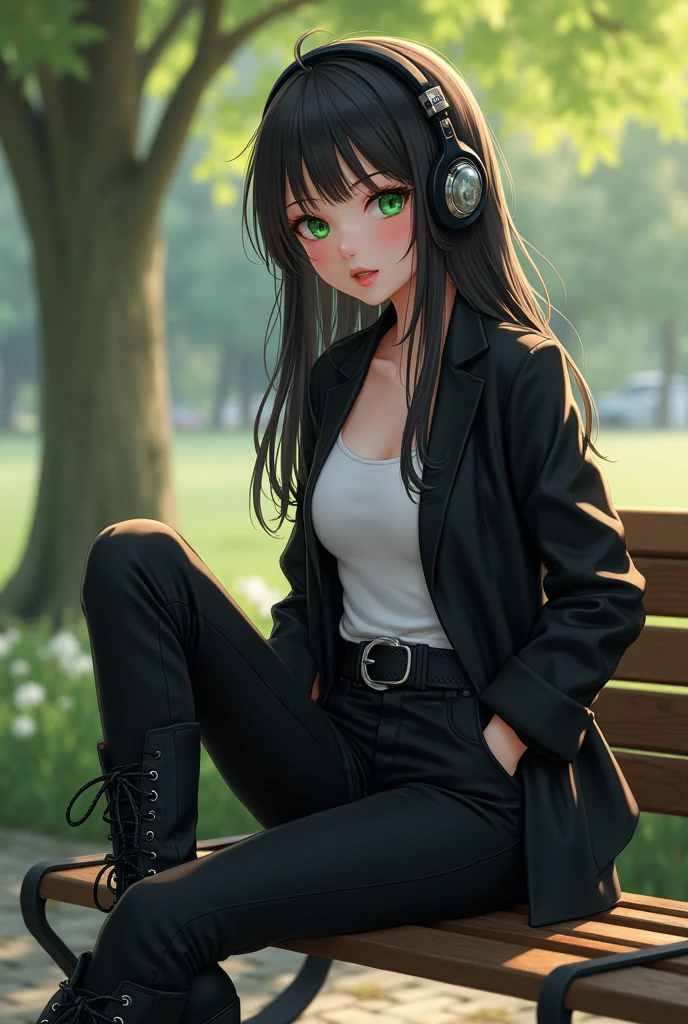 black haired girl with green eyes, She is sitting on a bench in the park with her hands in the pockets of her black jacket., his white shirt, super tight black pants and tall black boots she also has wireless headphones on her ears