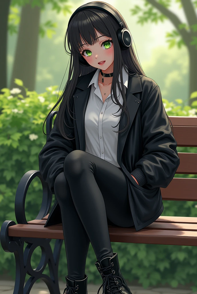 black haired girl with green eyes, She is sitting on a bench in the park with her hands in the pockets of her black jacket., his white shirt, super tight black pants and tall black boots she also has wireless headphones on her ears