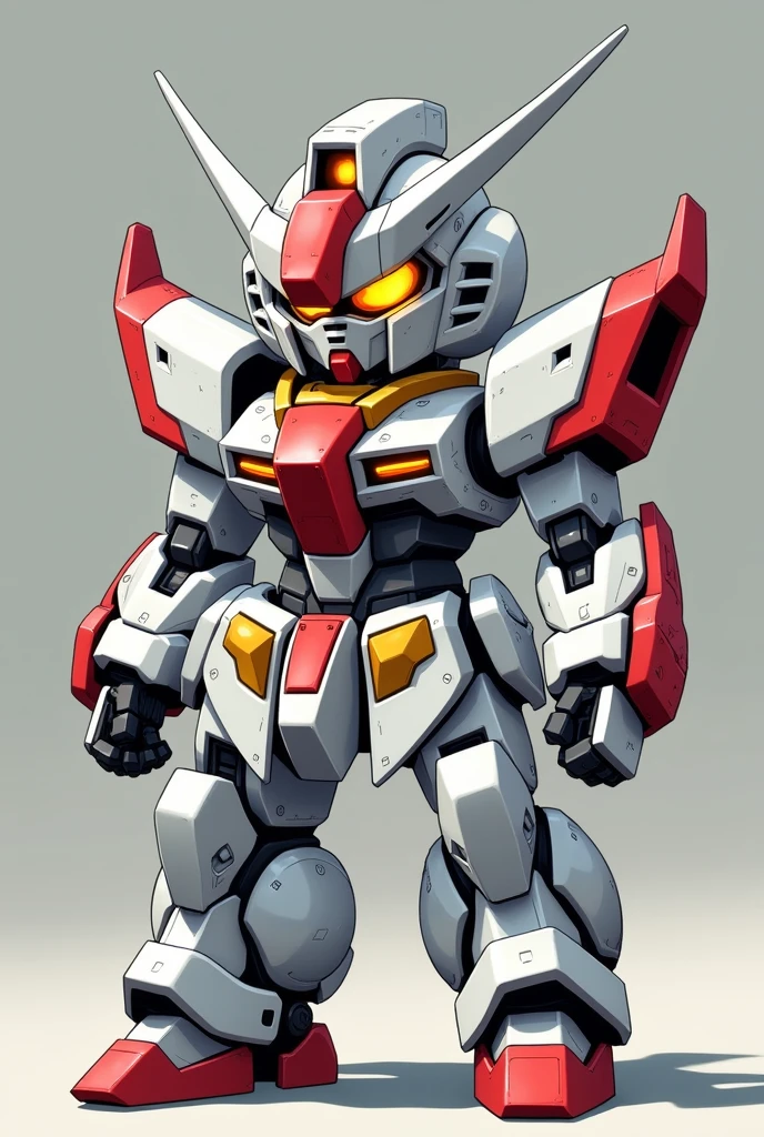 Chibi Mecha, white and red colored armor with sharp yellow eye visor. 