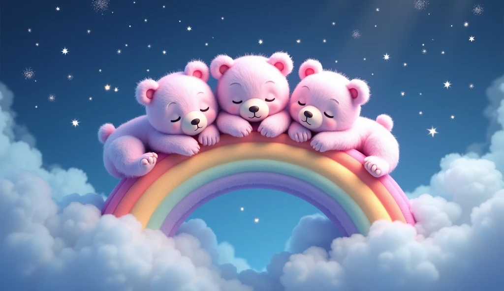 "Three very cute bears—lilac and pink—sleeping comfortably on a cute rainbow, atop beautiful blue clouds in a sky with twinkling stars, in ultra-realistic 4K images."