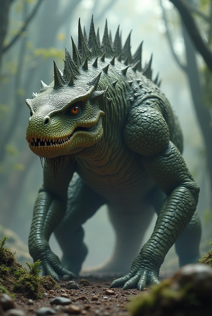 Reptile-like creature, walks on two legs, greenish gray skin and spines on the back
