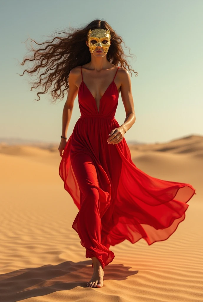 Woman, curtain, long  curly hair, wearing a flowing red dress and a golden mask, running in the desert barefoot.