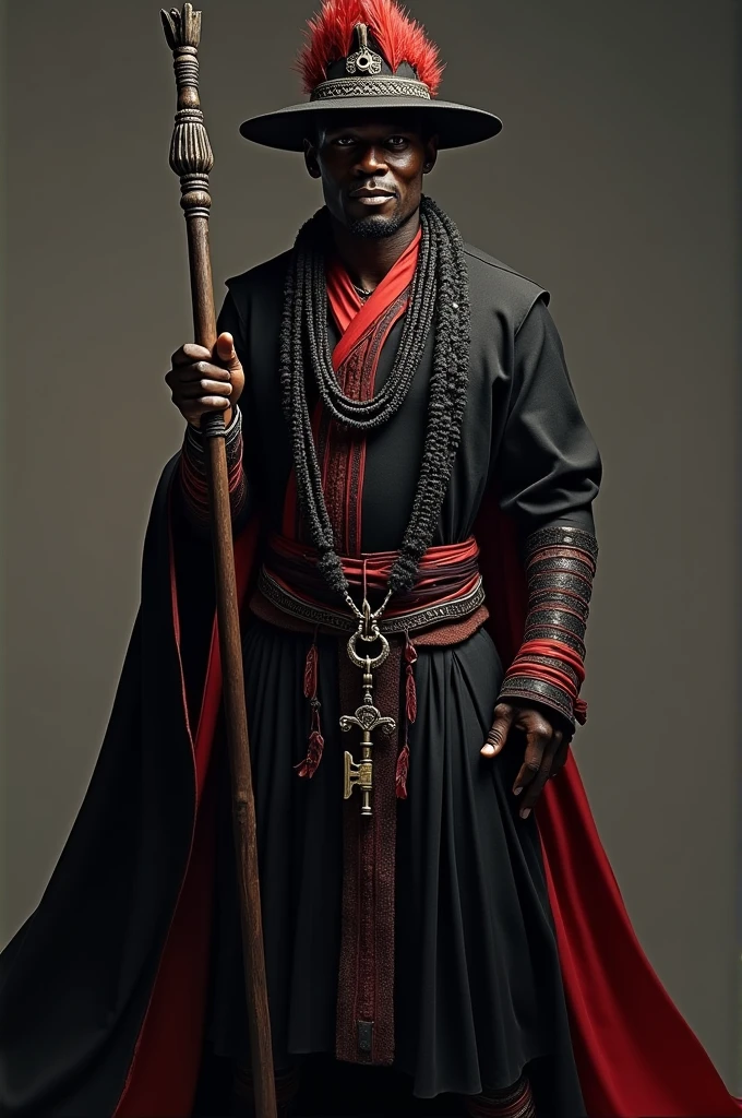 A tall, imposing Afro-Brazilian figure, approximately 1.85m in height, with an angular, expressive face. His skin is dark, and his eyes are piercing black, deep and intense, appearing to see beyond the physical world. He has a broad, well-defined nose symbolizing determination, and full lips that curve into an enigmatic smile, both sensual and powerful. His posture is erect and intimidating, emphasizing his height. He is dressed in traditional black garments with rich red accents, possibly a flowing cape adorned with symbols of power and authority. He wears a black felt hat with red feathers, a necklace of black and red beads, and holds a dark wooden staff used to open and close spiritual paths. A metal chain with a key dangles from his neck, symbolizing his role as a gatekeeper. His expression is serious and almost impenetrable, reflecting wisdom and cunning. His presence is both majestic and mysterious, embodying the ancestral warrior spirit of the Bantu people.