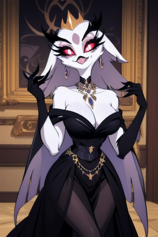 (best quality, masterpiece:1), furry female anthro stella, owl, portrait,, closed mouth, smile, wide-eyed, white pupils, black dress, black gloves, blue dress, cape, earrings, fangs, hair ornament, jewelry, long dress, necklace, see-through