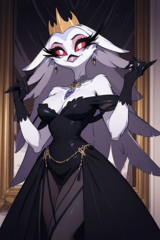 (best quality, masterpiece:1), furry female anthro stella, owl, portrait,, closed mouth, smile, wide-eyed, white pupils, black dress, black gloves, blue dress, cape, earrings, fangs, hair ornament, jewelry, long dress, necklace, see-through