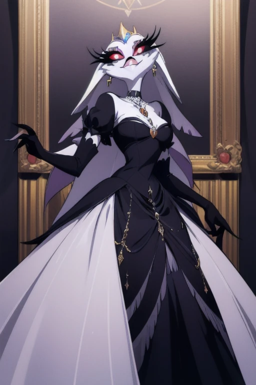 a skeleton female butler with short hair, wearing a feminine suit, with a skeleton face, in a bowing pose, in a large gray room with a beautiful chandelier