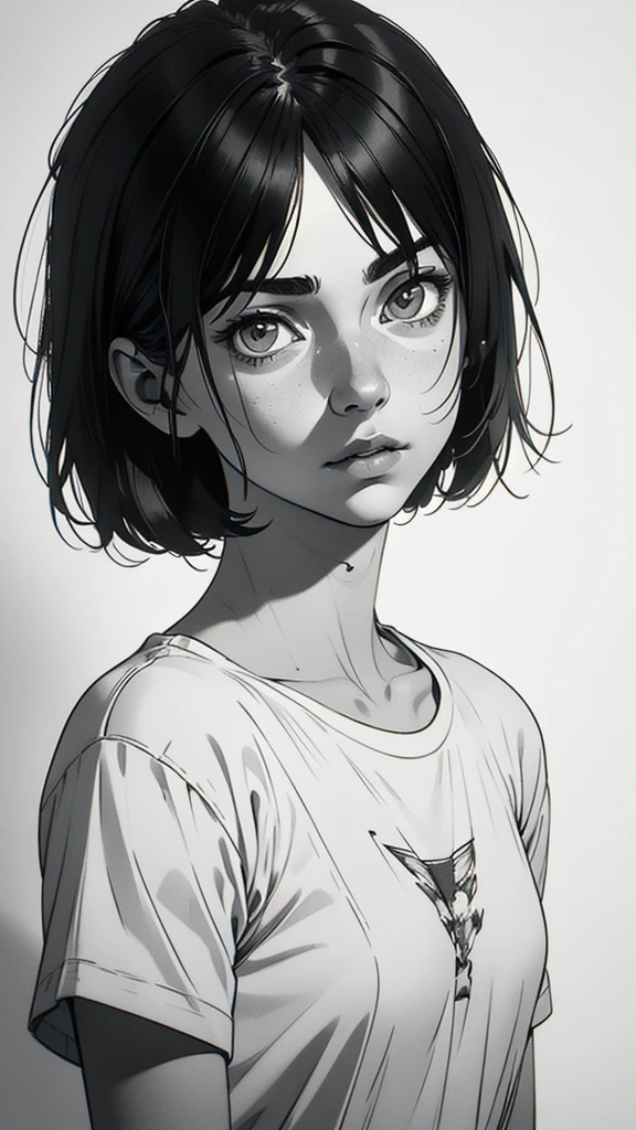 1 boyish girl, solo, sharp eyes, monochrome, greyscale, short black hair, portrait, white T-shirt, Thin eyebrows, closed mouth, looking at viewer, graphite \(medium\), detailed lips, hatching \(texture\), without makeup, bangs, upper body, (best illustration), (best quality), (very detailed), (masterpiece), expressionless,