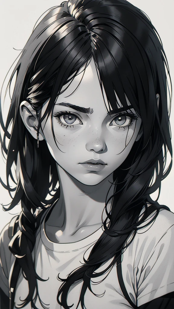 1 boyish girl, solo, sharp eyes, monochrome, greyscale, short black hair, portrait, white T-shirt, Thin eyebrows, closed mouth, looking at viewer, graphite \(medium\), detailed lips, hatching \(texture\), without makeup, bangs, upper body, (best illustration), (best quality), (very detailed), (masterpiece), expressionless,