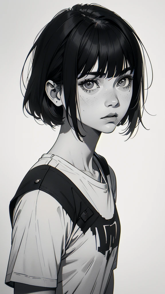 1 boyish girl, solo, sharp eyes, monochrome, greyscale, short black hair, portrait, white T-shirt, Thin eyebrows, closed mouth, looking at viewer, graphite \(medium\), detailed lips, hatching \(texture\), without makeup, bangs, upper body, (best illustration), (best quality), (very detailed), (masterpiece), expressionless,