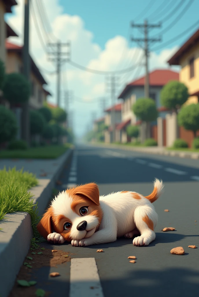 A small hurted  puppy car accident is lying on the side of the road in the colony 