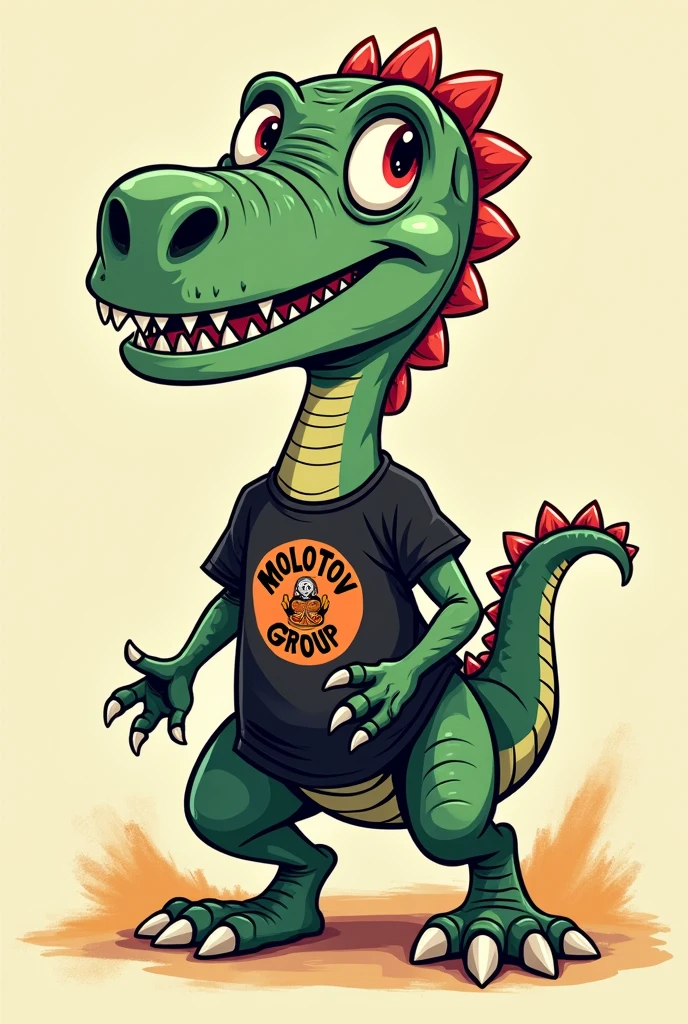 A cartoon dinosaur wearing a Molotov group t-shirt