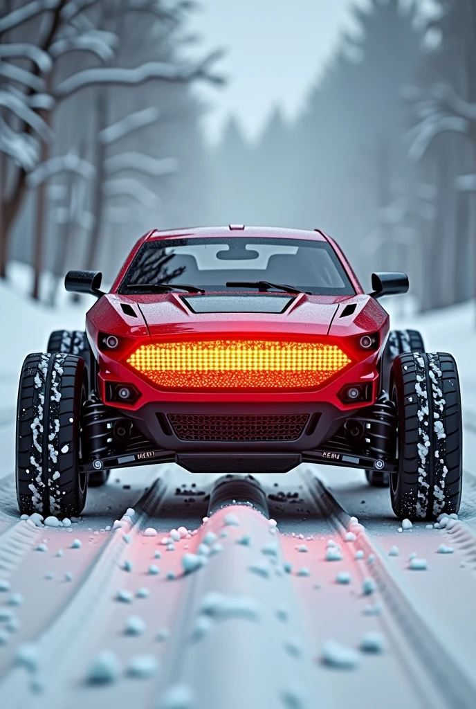A wheeled heater with a red front due to the heat it radiates., It has 4 wheels with sports tires that look like a Ford sedan and travels at high speed on a snowy road.. very marked details