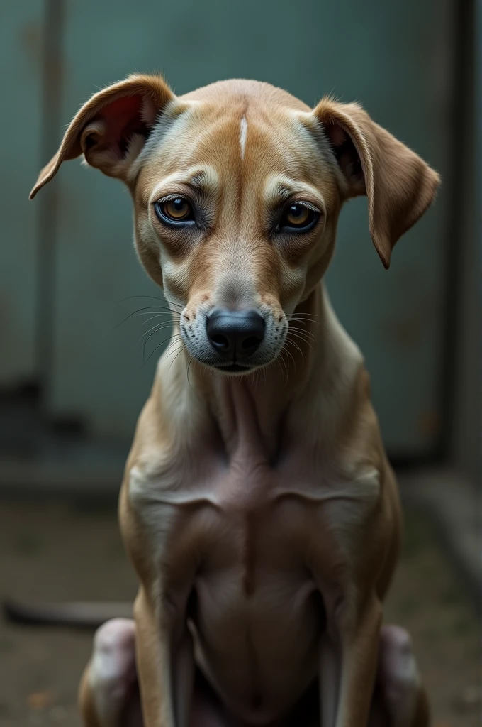A very, very skinny abandoned dog with a sad face looking forward with an expression of tenderness