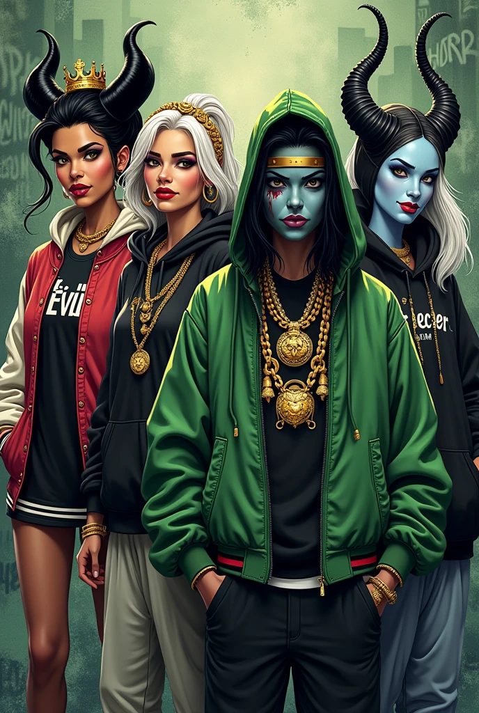 A highly detailed digital illustration featuring four iconic Disney villain characters reimagined in a 'thug life' or streetwear style. The first character, Cruella de Vil, has her signature half black, half white hair, wearing a varsity jacket with bold gold chains and rings. The second character, the Evil Queen from Snow White, wears her crown but is dressed in a hoodie and a bomber jacket, with dark makeup and a stern expression. The third character, Maleficent, features her iconic horns, wearing a black hoodie and green bomber jacket, accessorized with heavy gold jewelry, exuding a powerful aura. The fourth character, Ursula from The Little Mermaid, with her white hair and blue skin, is dressed in oversized streetwear, including a hoodie and varsity jacket, with gold accessories. The background is filled with urban graffiti and street elements, creating a gritty, textured street art style. The overall color scheme includes shades of green, black, and gold, with a mix of dark and vibrant tones