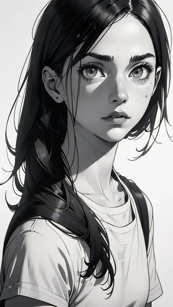 1 boyish girl, solo, sharp eyes, monochrome, greyscale, short black hair, portrait, white T-shirt, Thin eyebrows, closed mouth, looking at viewer, graphite \(medium\), detailed lips, hatching \(texture\), without makeup, bangs, upper body, (best illustration), (best quality), (very detailed), (masterpiece), expressionless,