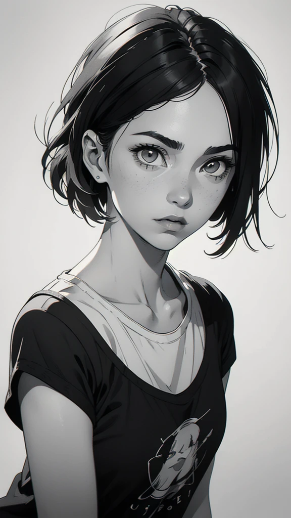 1 boyish girl, solo, sharp eyes, monochrome, greyscale, short black hair, portrait, white T-shirt, Thin eyebrows, closed mouth, looking at viewer, graphite \(medium\), detailed lips, hatching \(texture\), without makeup, bangs, upper body, (best illustration), (best quality), (very detailed), (masterpiece), expressionless,