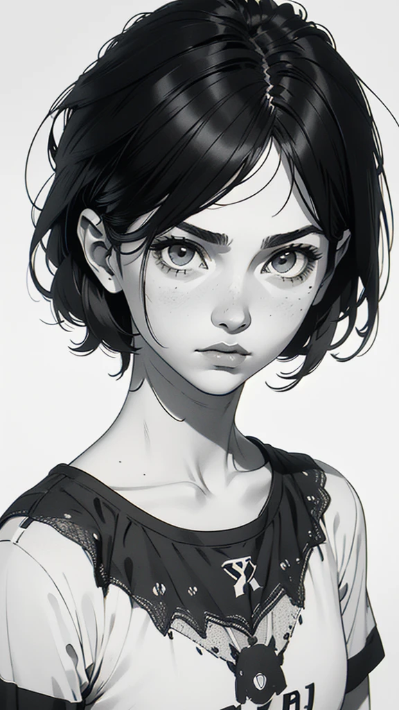 1 boyish girl, solo, sharp eyes, monochrome, greyscale, short black hair, portrait, white T-shirt, Thin eyebrows, closed mouth, looking at viewer, graphite \(medium\), detailed lips, hatching \(texture\), without makeup, bangs, upper body, (best illustration), (best quality), (very detailed), (masterpiece), expressionless,