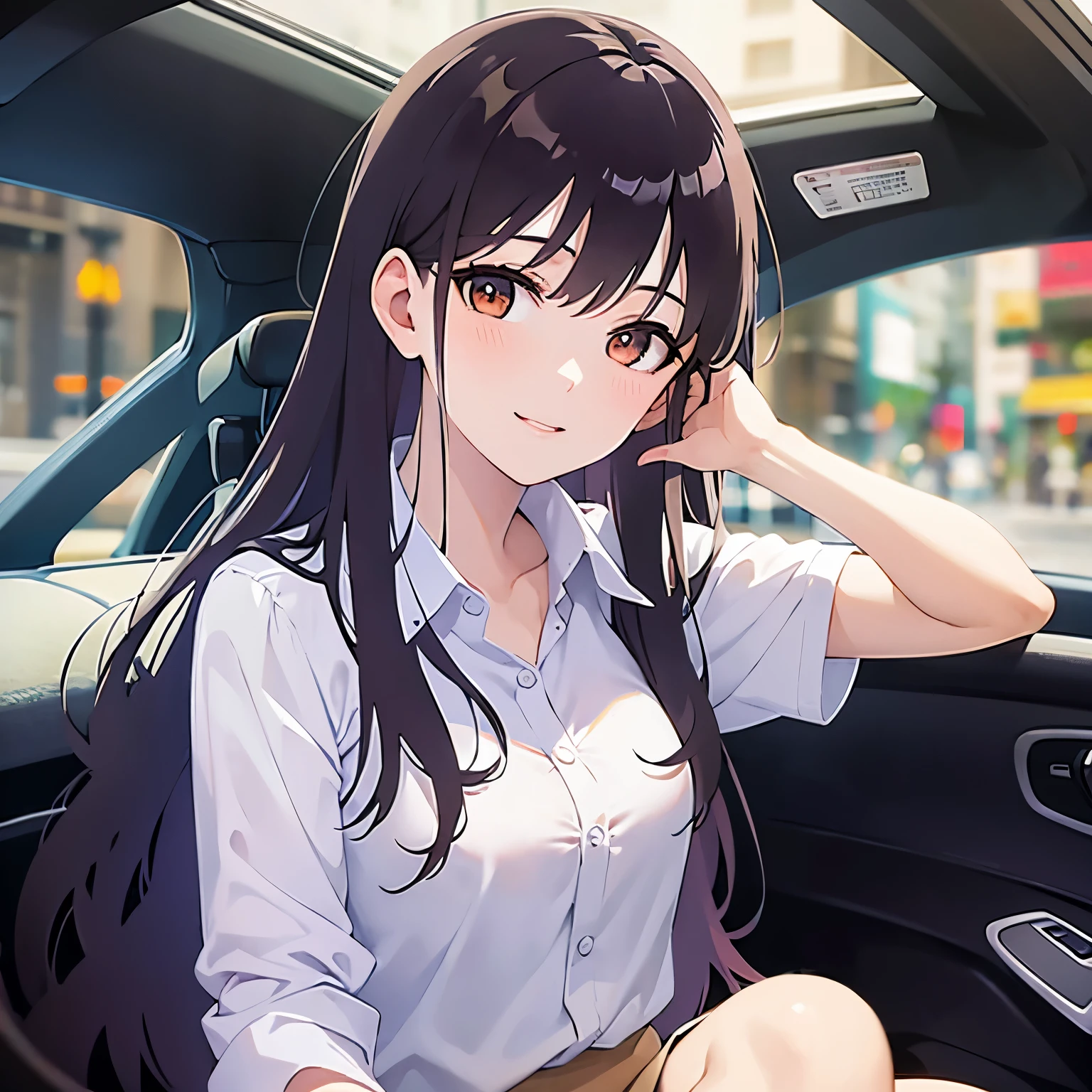 (looking at viewer:1.5),Upper Body,(Hands on ears:1.5)、
Realistic, real person, (pale skin: 1.2), RAW photo, photorealistic, shiny skin, shiny hair、
(A 2 woman with medium-length hair and bangs) and (wavy hair) and (brown hair) and (orange eyes) ,
(white collared shirts)
smile,
Passenger seat of a car、(alone:1.5)