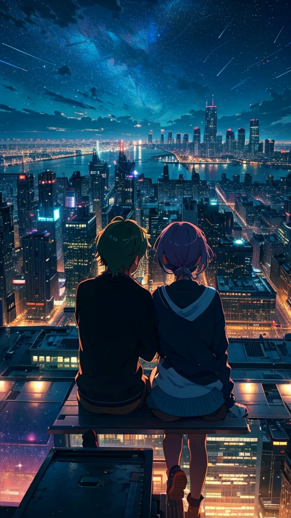 generate an image of a couple sitting on top of a building next to each other enjoying the view of the city and buildings with building lights with the starry sky in anime form focusing on the view of the buildings