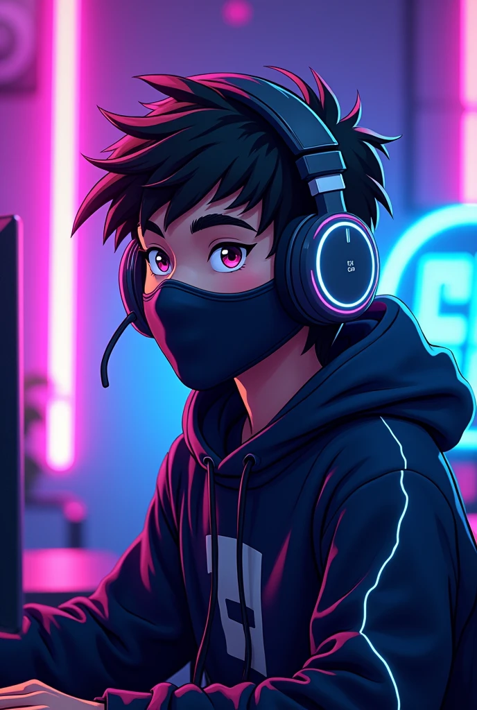 ((best quality)), ((masterpiece)), ((Detailed)), ((cartoon)),A 20 year old young boy wear black colour cloth mask on face and headphones and playing game in his video game device his purple and blue neon background, white neon outline on his body  8k UHD, Ninja Outfit , a Text in his background (Gtx99 )  ( A circle Mask for profile picture)