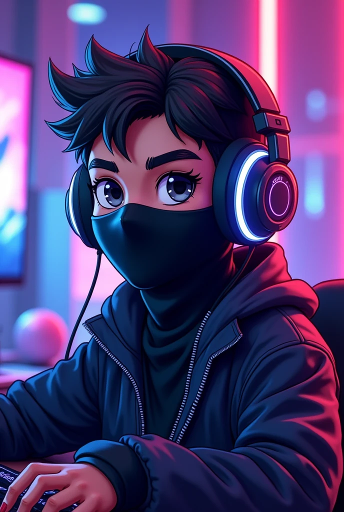 ((best quality)), ((masterpiece)), ((Detailed)), ((cartoon)),A 20 year old young boy wear black colour cloth mask on face and headphones and playing game in his video game device his purple and blue neon background, white neon outline on his body 8k UHD, Ninja Outfit , a Text in his background (Gtx99 ) ( A circle Mask for profile picture)