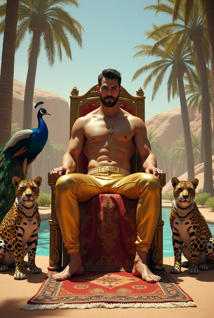 A handsome handsome shirtless man wearing gold pants sitting on a king's chair, thin white skin, in the desert palm tree behind a lake and a peacock with two leopards at his side, a rug under his feet and two Roman soldier men at his side