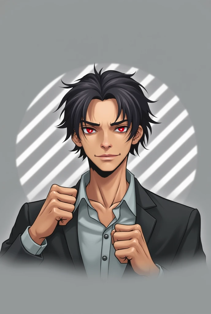 naughty man, brunette skin, Eyes red, short black hair