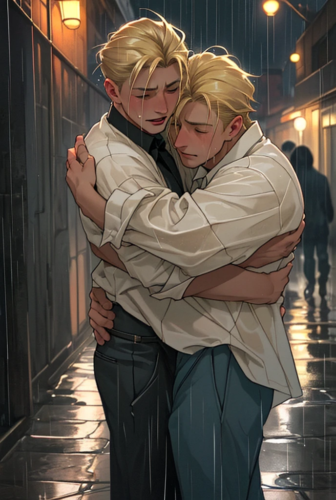two men, blond hair, dark hair, hugging each other in the rain crying, clothes from the thirties, night, old streets