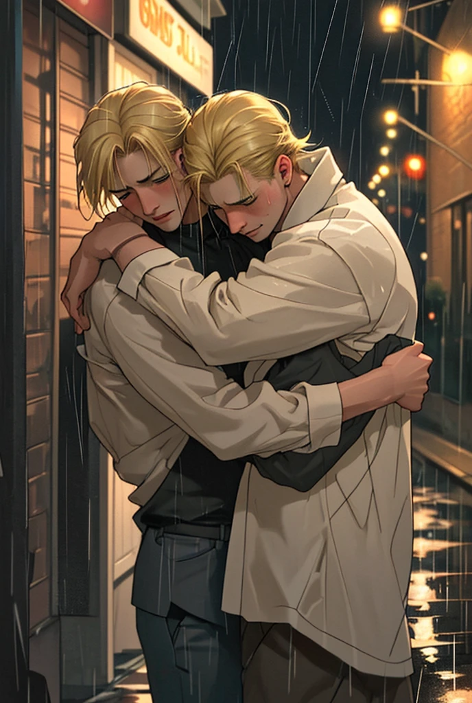 two men, blond hair, dark hair, hugging each other in the rain crying, clothes from the thirties, night, old streets
