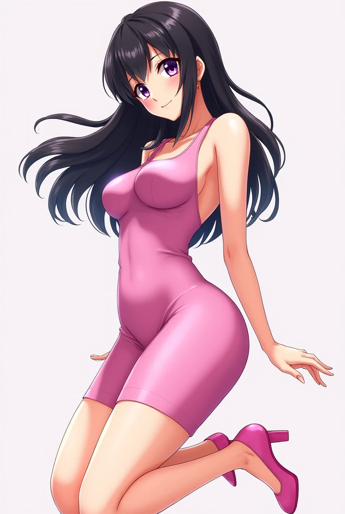 Draw a woman in a tight dress , voluptuous , physically attractive, purple eyes , DARK hair , light skin tone pink dress color pink shoes anime version