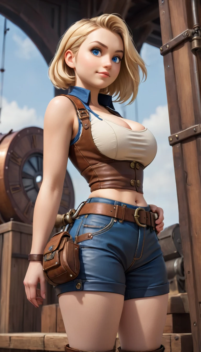 1 girl, girl, young, beautiful face, cute face, smiling, fair skin, blonde hair, blue eyes, short stature, short girl, steampunk, explorer, colossal breasts, overly sagging breasts, huge breasts, covered breasts, thick thighs, very thick thighs, wide hips, round butt, shorts, brown shorts, shorts, leather shorts, brown leather shorts, between butt cheeks, undersized clothes, cropped top, tight top, exposed belly, full body, standing, leather top, inner side-boob, tight shorts, skindentation, fat ass, steampunk goggles on forehead, shorts stuffed in butt-cheeks, sleeveless top, side-view, showing butt, visible butt, wedgie shorts, aréola slip, exposed belly, deep cleavage, side view, visible butt cheeks, visible cleavage,
