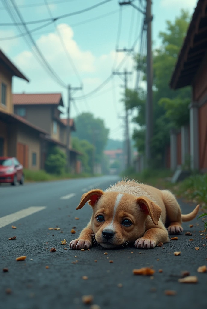 A small hurted puppy car accident is lying on the side of the road in the colony