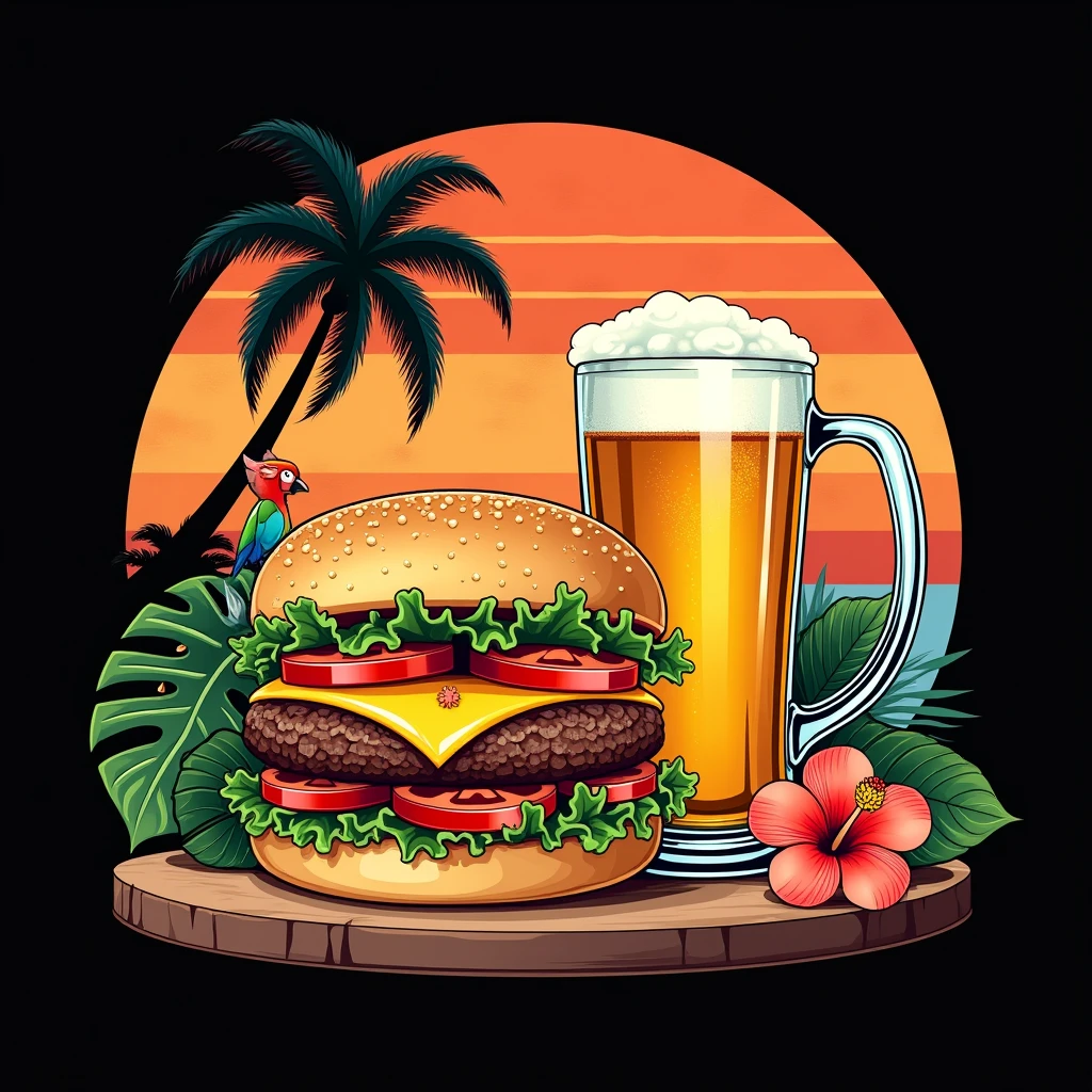 black background,realistic,design featuring a detailed illustration of a cheeseburger with all the fixings, next to a frosty mug of beer. Set the cheeseburger against a semi-circle background of horizontal stripes that resemble a vintage sunset. Use vibrant colors orange,beige,red,green,yellow,blue for the stripes, with a slightly worn,textured effect create contrast.surrounded by lush tropical plants like palm leaves and hibiscus flowers The overall styleblend realistic illustration with retro inspired.Include a small colorful parrot perched among the foliage to enhance the island vibe.
