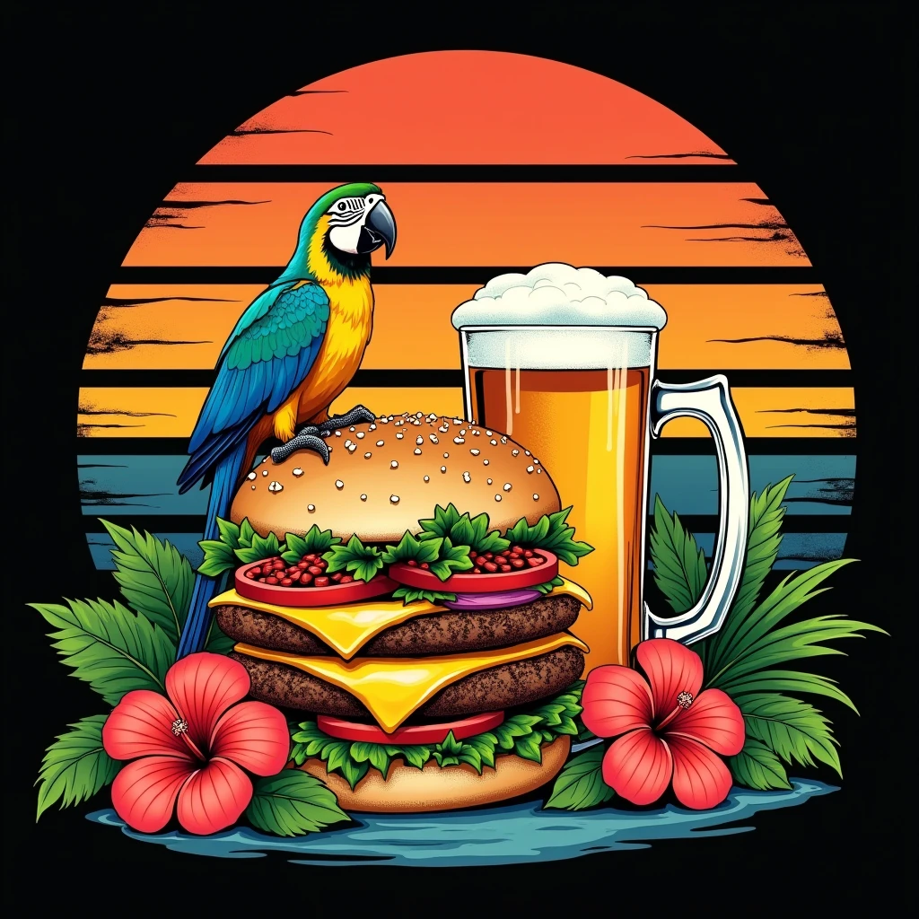 black background,realistic,design featuring a detailed illustration of a cheeseburger with all the fixings, next to a frosty mug of beer. Set the cheeseburger against a semi-circle background of horizontal stripes that resemble a vintage sunset. Use vibrant colors orange,beige,red,green,yellow,blue for the stripes, with a slightly worn,textured effect create contrast.surrounded by lush tropical plants like palm leaves and hibiscus flowers The overall styleblend realistic illustration with retro inspired.Include a small colorful parrot perched among the foliage to enhance the island vibe.