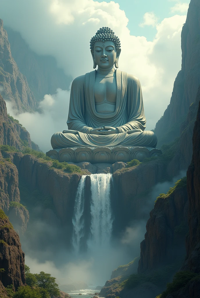 Zoomed-out image of a large ancient Buddha statue on a mountain wall., Between the waterfalls, Surrounded by clouds, view, movie light