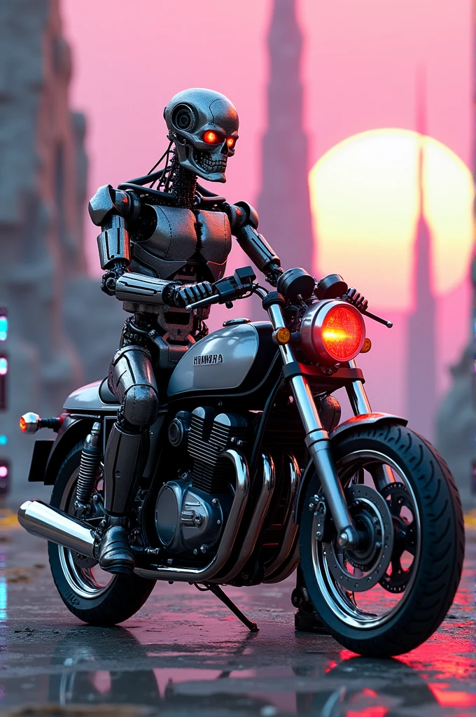 Terminator t-800 sitting on a yamaha rx100 in futuristic space