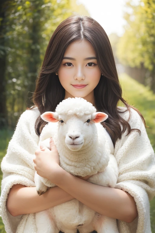Highest quality,High resolution,Woman holding a white sheep,Fluffy sheep's wool leotard,Her long hair that reaches down to her waist is fluttering,There are lots of sheep's fluff flying around,The background is a meadow