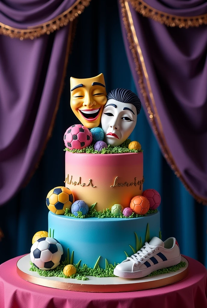 I want a one-tier cake with a representation of theater and soccer masks from comedy and tragedy, soccer balls,Tennis shoes for playing soccer and a purple-blue golden colored curtain