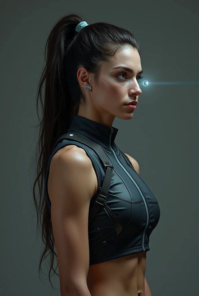 female, side portrait, sport outfit, cybernetic eye, sc3pt4 style