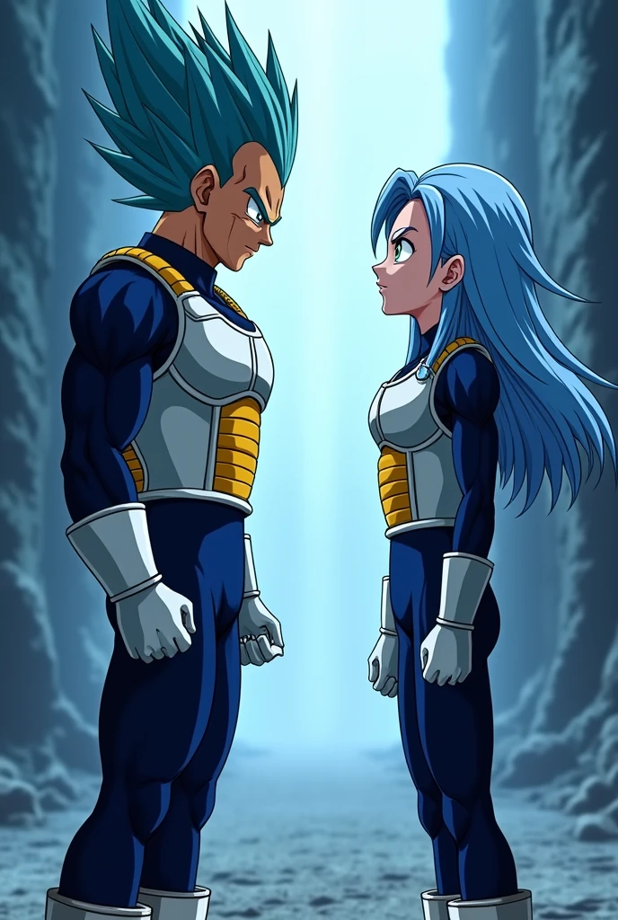 Vegeta's hair is standing on end. He was wearing a dark blue suit and over it the typical armor that Saiyans wear. against his daughter Bura, well, Dragon Ball GT Bura, Girl with light blue hair, blue eyes, dark blue suit, Typical armor used by Saiyans, loose hair, Blows, father and daughter, ,