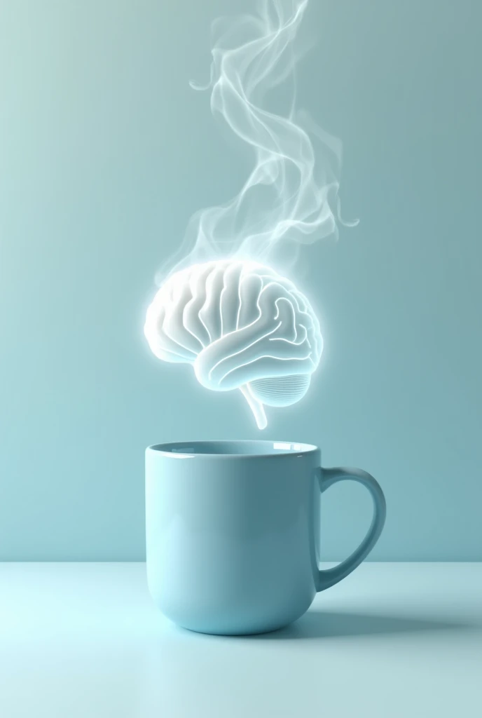 create a baby blue mug with smoke coming out, put the symbol of a brain in the smoke