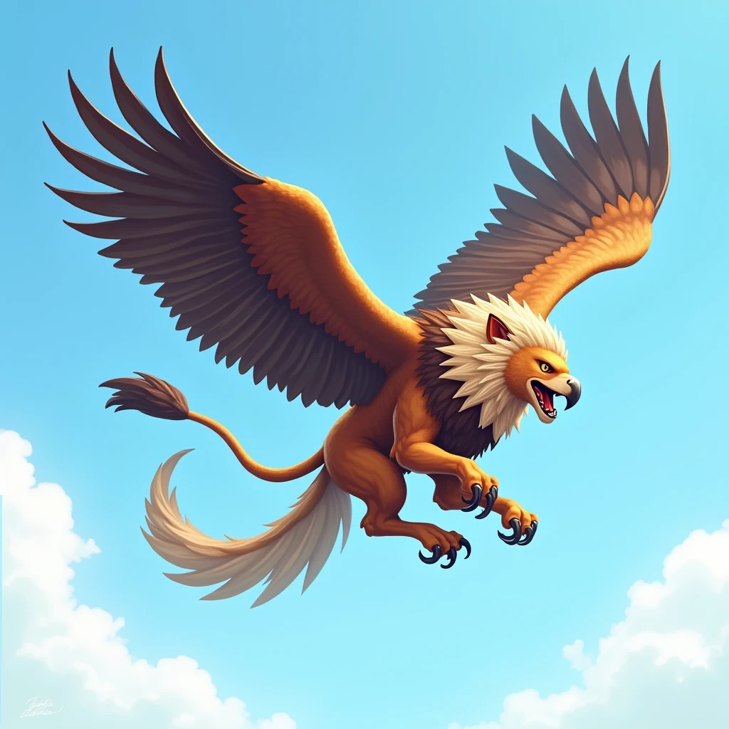 Legendary creature with the wings and upper body of an eagle and the lower body of a lion is flying blue sky, don't draw lion's head,