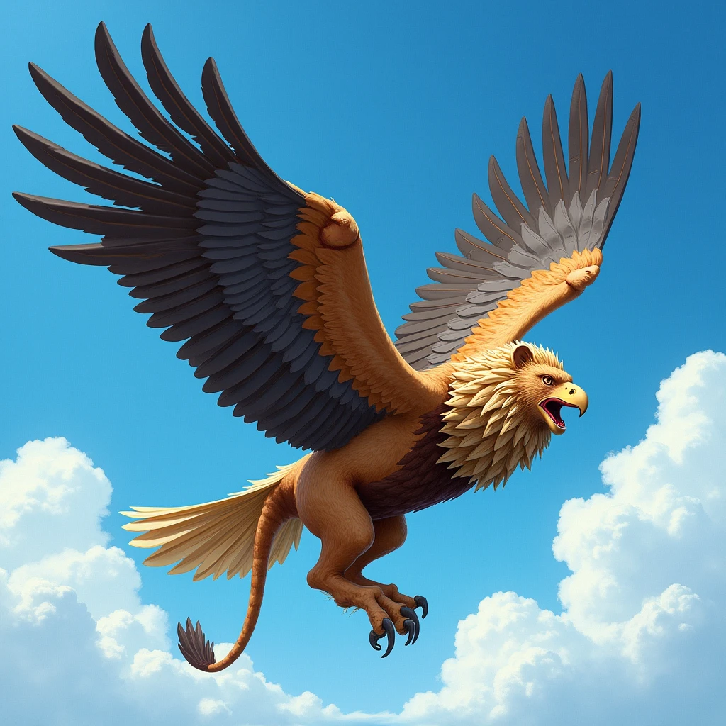 Legendary creature with the wings and upper body of an eagle and the lower body of a lion is flying blue sky, don't draw lion's head,